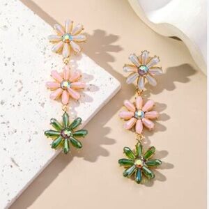 2/$30🌵 Flower Drop Stone Floral Earrings Crystal Stacked Bohemian Statement NEW